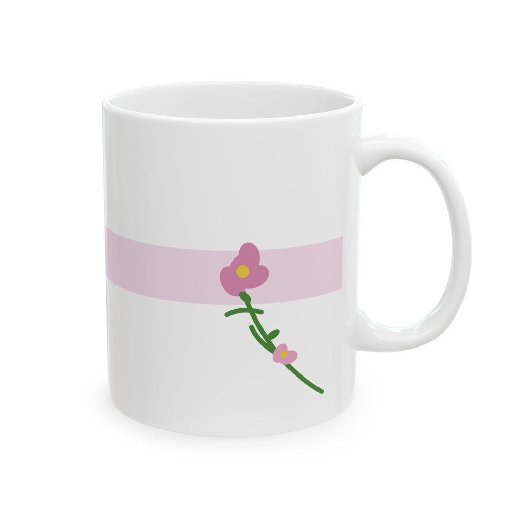 Pink Stripe Flower Mug in white ceramic