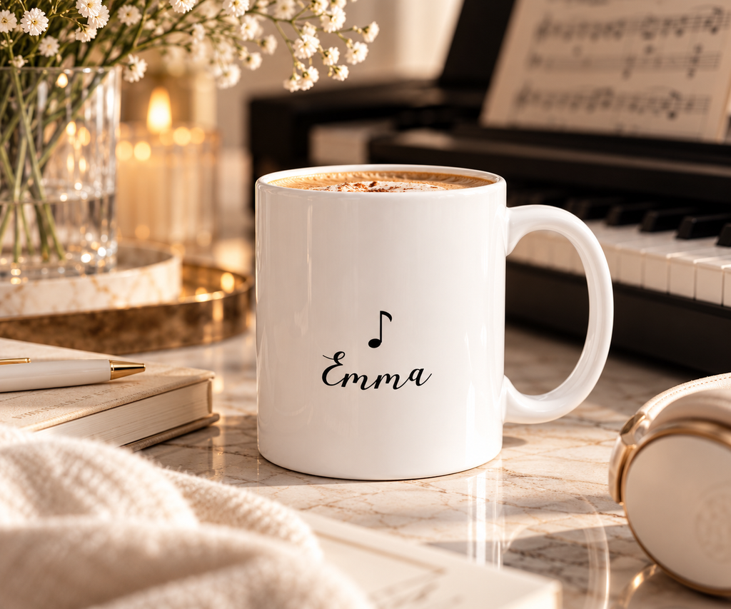 Personalized Music Note Name Mug in white ceramic