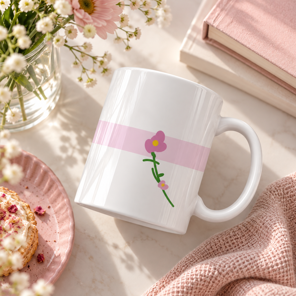 Pink Stripe Flower Mug in white ceramic