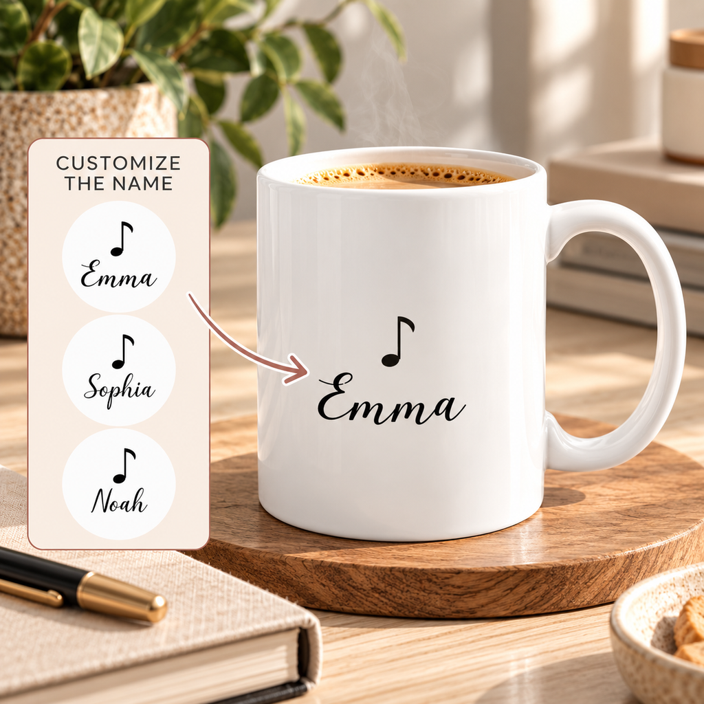 Personalized Music Note Name Mug in white ceramic
