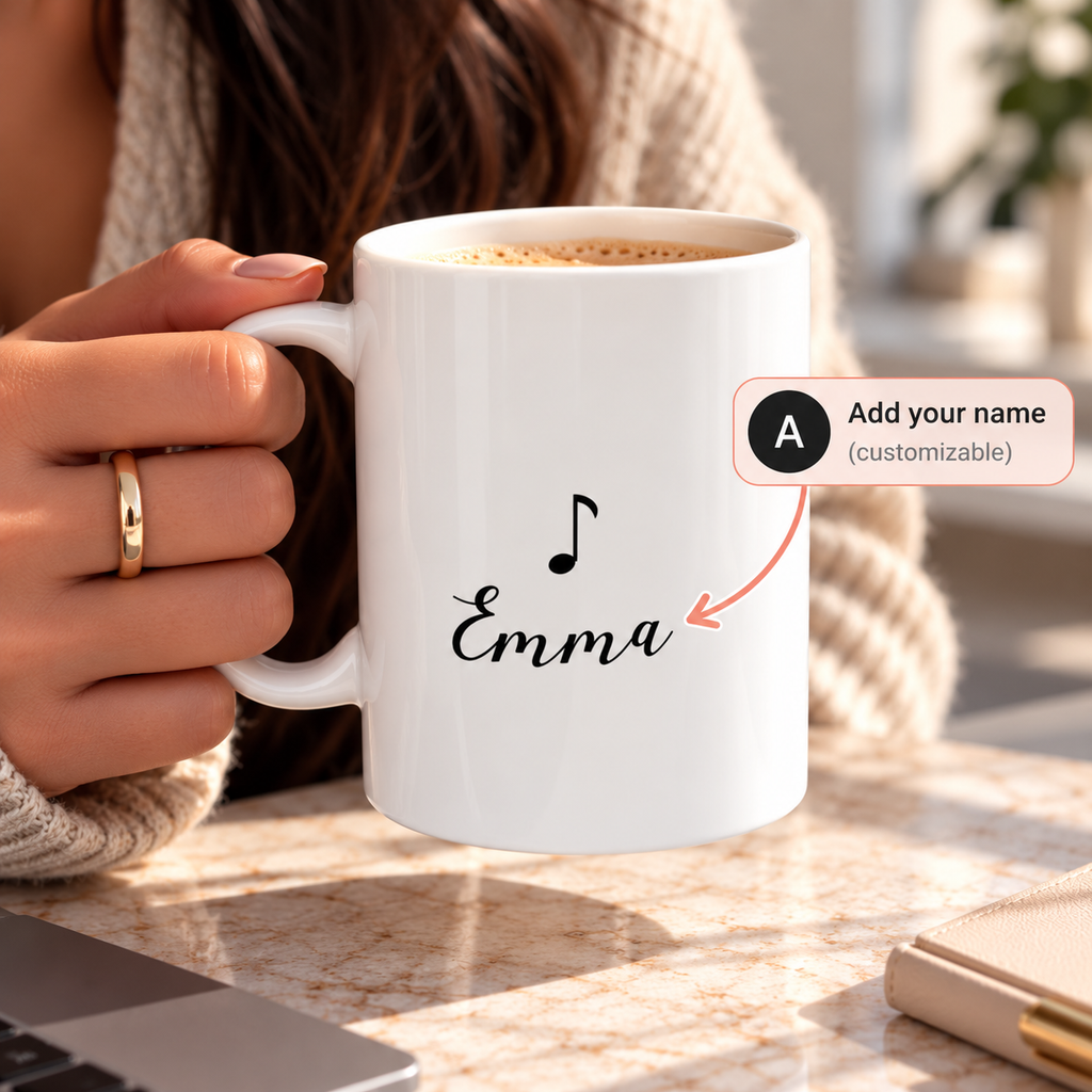 Personalized Music Note Name Mug in white ceramic