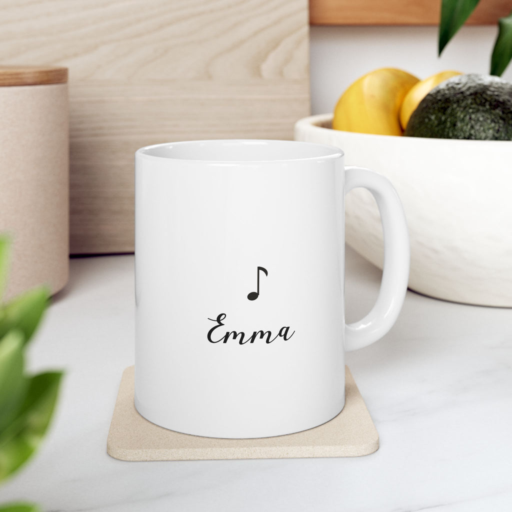 Personalized Music Note Name Mug in white ceramic